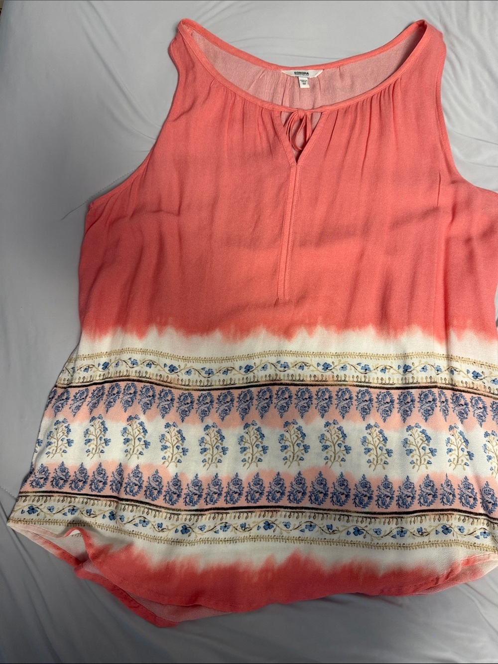 Sonoma Coral Ombre Sleeveless Tank with Blue Floral Border